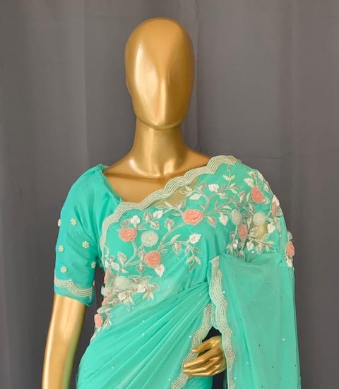 Sea Green Pure Chinon Saree