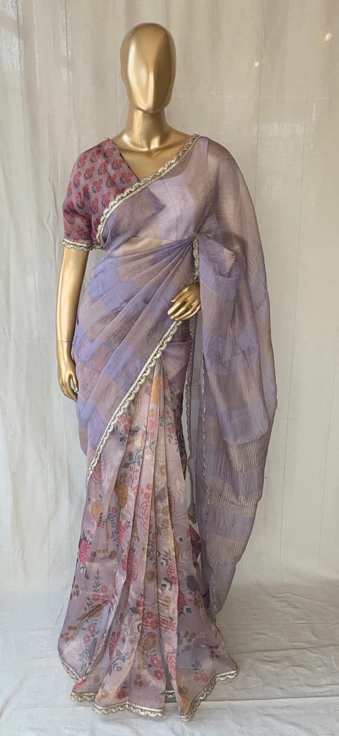 Mauve Tissue Saree in Half and Half Style with Floral and Birds