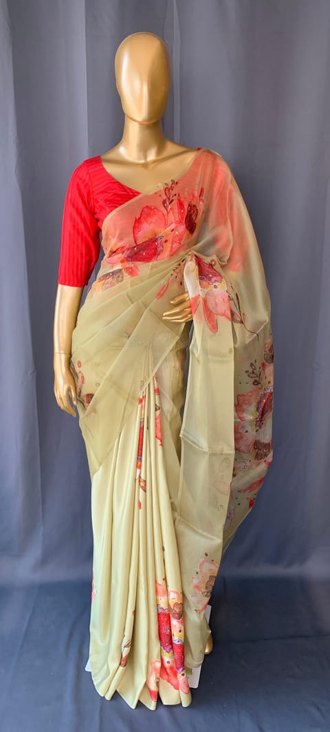 Pastel Yellow Organza Statement Floral Printed Saree