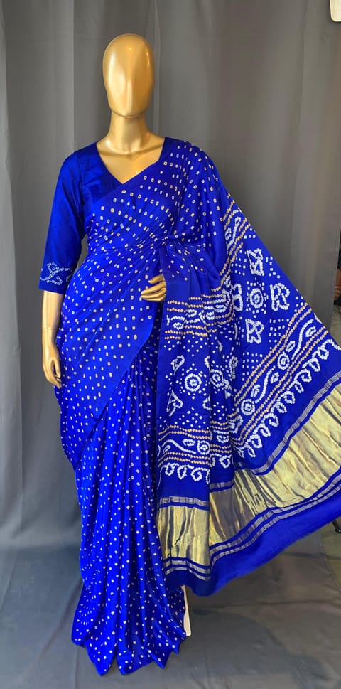 Royal Blue Pure Gajji Silk Bandhini Saree