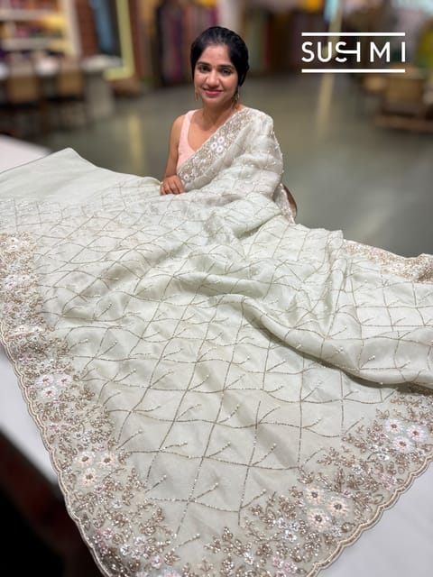 Pista Organza Saree with All-Over Handwork