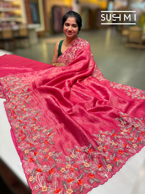 Ruby Pink Banarasi Jute Tissue Saree with Floral Threadwork Border