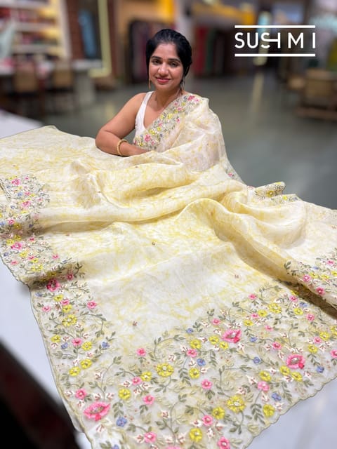 Pastel Yellow Shibori Printed Pure Organza Saree
