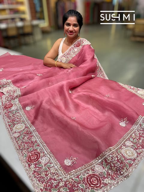 Brick Red Pure Organza Saree with Heavy Intricate Handwork