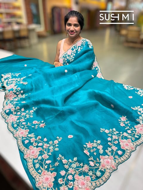 Peacock Green Pure Organza Heavy Handwork Saree