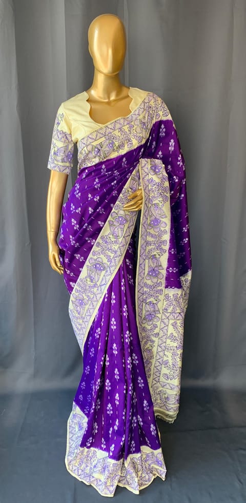 Violet Ikkath Patola Saree with Madhubani Handpainting