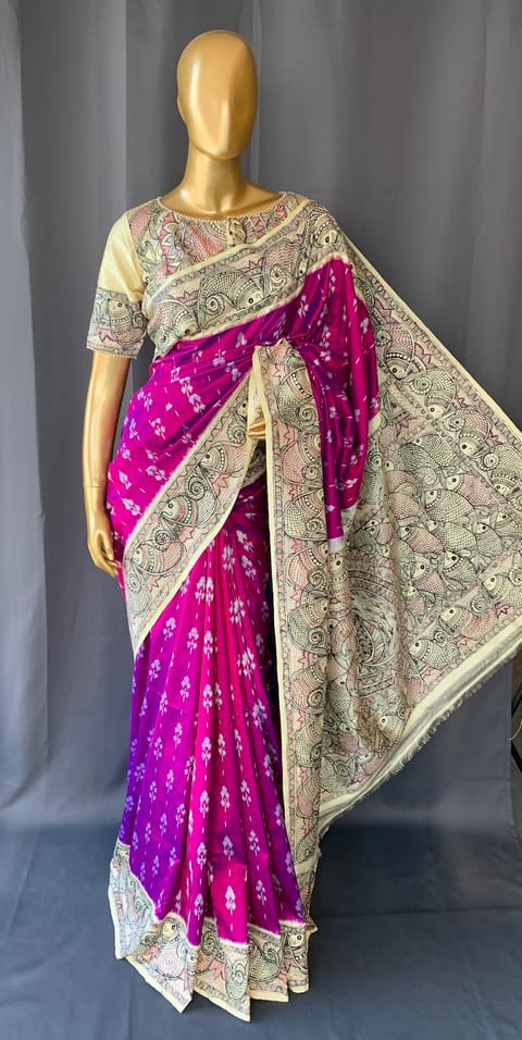 Magenta Ikkath Patola Saree with Madhubani Hand Painting