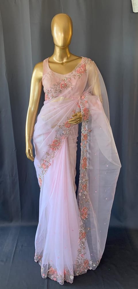 Baby Pink Organza Saree with Handwork