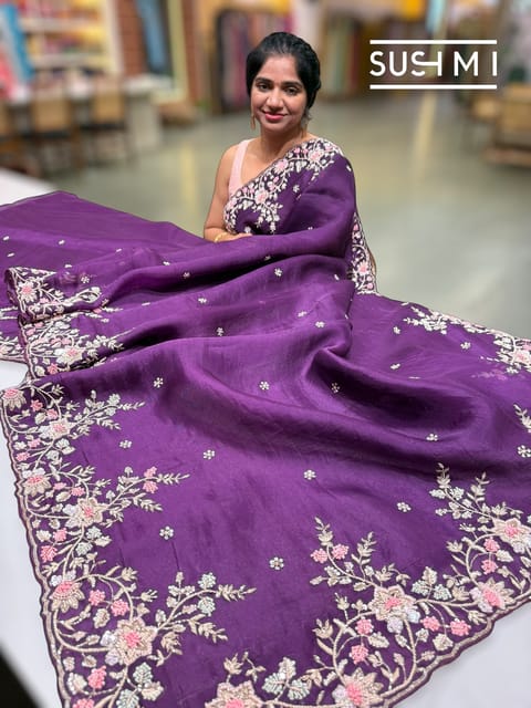 Violet Pure Organza Saree with Heavy Handwork