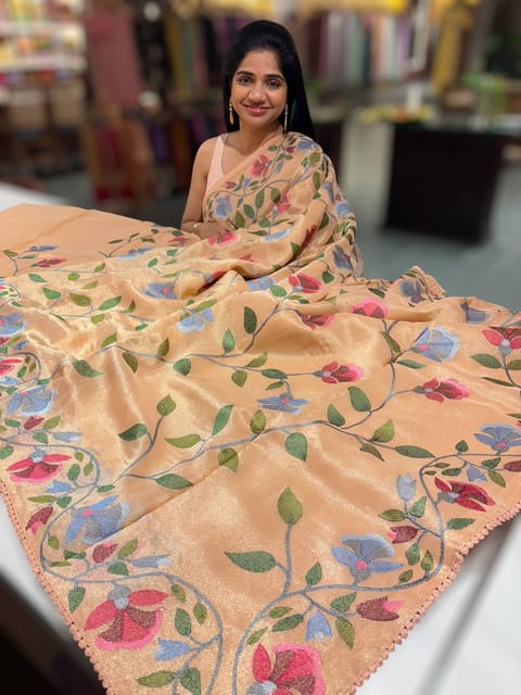 Peach Pink Tissue Georgette Saree with Embroidery
