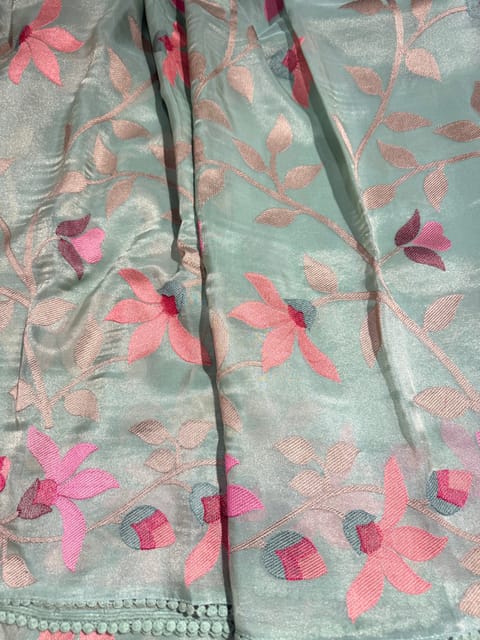 Mint Peach Tissue Georgette Saree with Embroidery