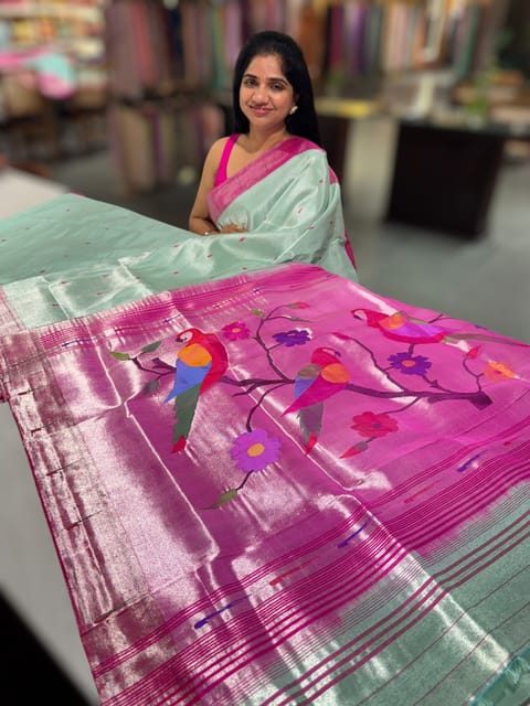 Mint Blue Pure Handloom Paithani Tissue Saree