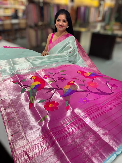 Mint Blue Pure Handloom Paithani Tissue Saree