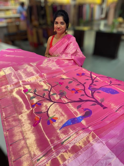 Bubblegum Pink Pure Handloom Paithani Tissue Stripes Saree