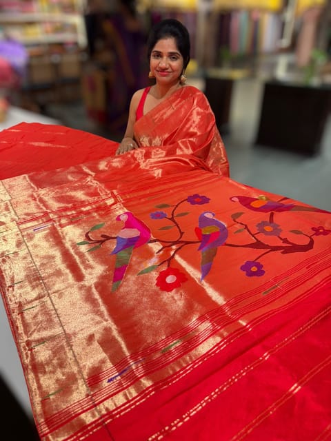 Red Pure Handloom Paithani Tissue Stripes Saree