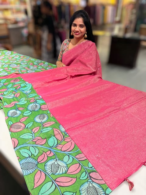 Pink Handloom Mul Tissue & Pen Kalamkari Fusion Saree