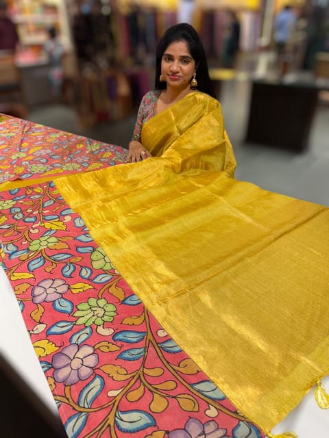 Lime Yellow Gold Handloom Tissue & Pen Kalamkari Fusion Saree