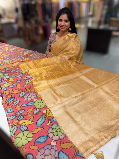 Gold Handloom Tissue & Pen Kalamkari Fusion Saree
