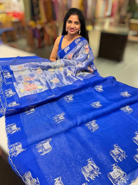 Electric Blue Premium Handloom Designer Tissue Saree with Exquisite Embroidery