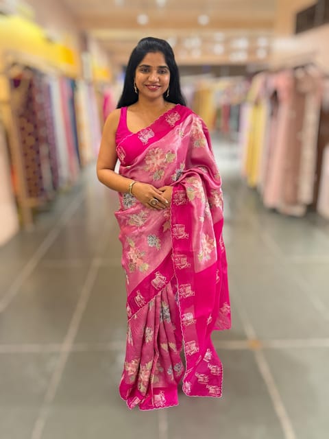 Fuchsia Pink Premium Handloom Designer Tissue Saree with Exquisite Embroidery