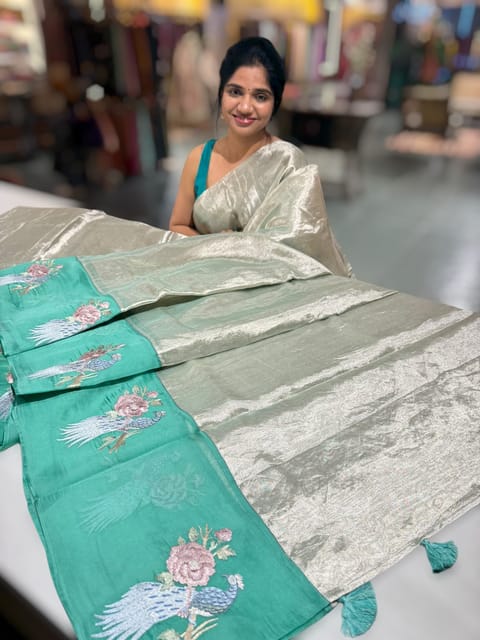 Pure Handloom Tissue Saree with Organza Embroidered Border
