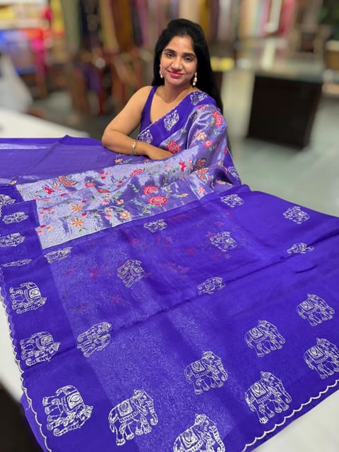Purple Premium Handloom Designer Tissue Saree with Exquisite Embroidery