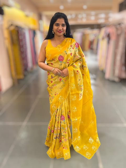 Mango Yellow Premium Handloom Designer Tissue Saree with Exquisite Embroidery