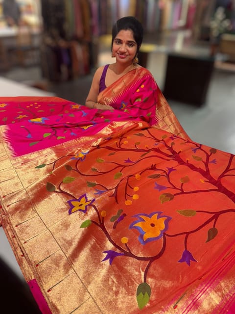 Rani Pink Pure Handloom Allover Paithani Saree