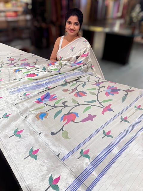 Pure Handloom Allover Silver Tissue Paithani Saree
