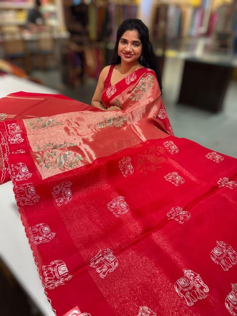 Red Premium Handloom Designer Tissue Saree with Exquisite Embroidery