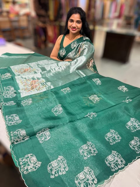 Bottle Green Premium Handloom Designer Tissue Saree with Exquisite Embroidery