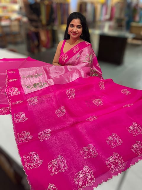 Rani Pink Premium Handloom Designer Tissue Saree with Exquisite Embroidery