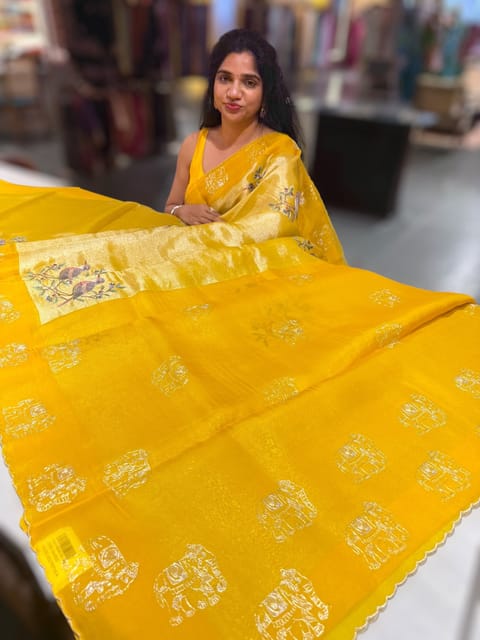 Mango Yellow Premium Handloom Designer Tissue Saree with Exquisite Embroidery