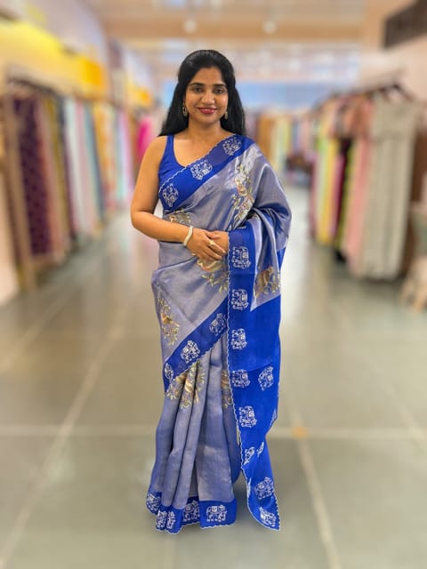 Electric Blue Premium Handloom Designer Tissue Saree with Exquisite Embroidery