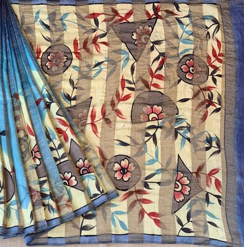 Mul Silk Tissue Stripes Handloom Saree with Handpainting