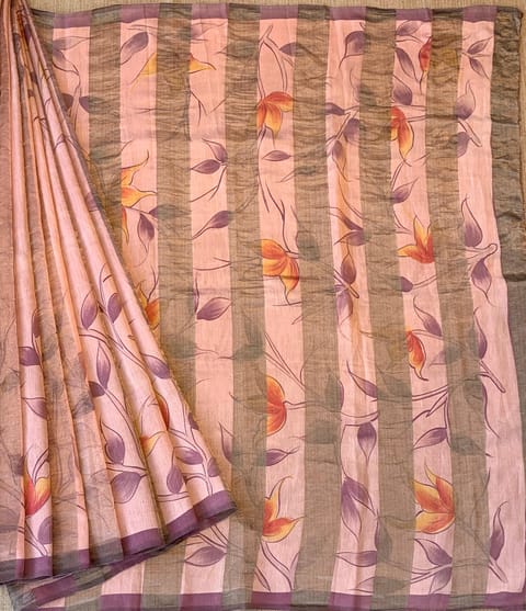 Peach Pink Mul Silk Tissue Stripes Handloom Saree with Handpainting