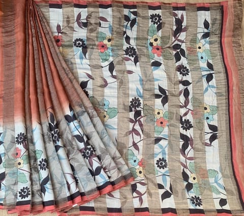 Mul Silk Tissue Stripes Handloom Saree with Handpainting