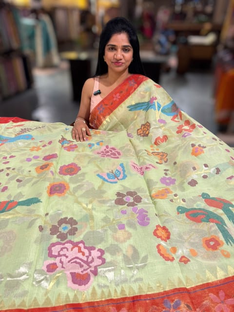 Mint Allover Ponduru Khadi Jamdani with Paithani Borders & Pallu