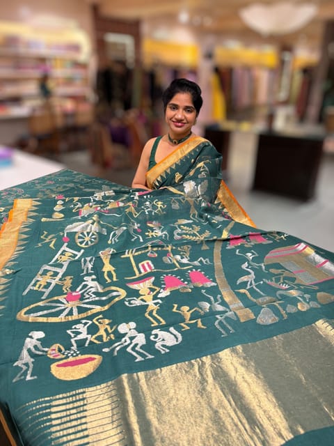 Forest Green Ponduru Khadi Jamdani Allover Weaving Saree with Village Theme