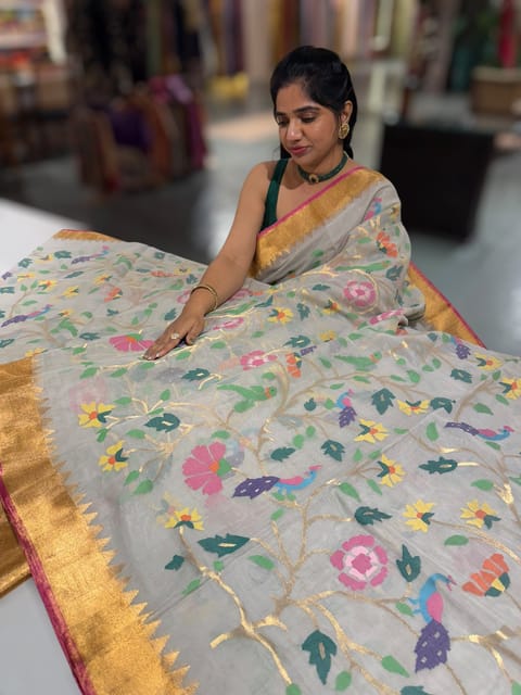 Ponduru Khadi Jamdani Allover Multi Meenakari Weaving Saree with Premium 60/60 Count