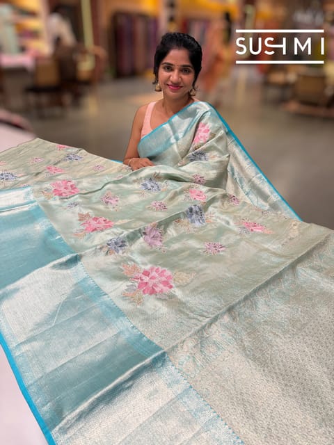 Mint Blue Kanchi Tissue Saree with Embroidery: S62f228