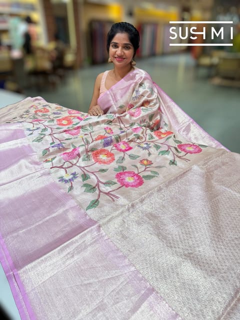 Lilac Pink Kanjeevaram Tissue Saree with Floral Embroidery