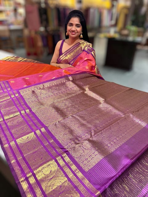 Orangish Pink Vintage Kanchi Checks Saree