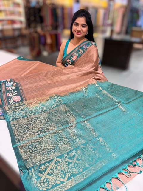 Terracotta & Teal Vintage Kanchi Soft Silk Saree with Embroidery