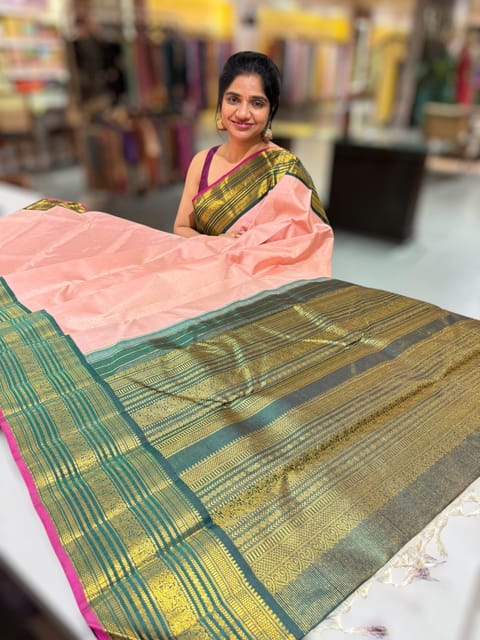 Peach Pink Stripes Vaira Oosi Stripes Vintage Kanjeevaram Saree