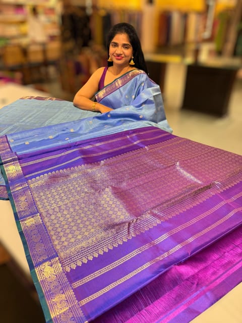 Bluish Lilac & Magenta Combo Vintage Kanjeevaram Saree with Green Selvedge