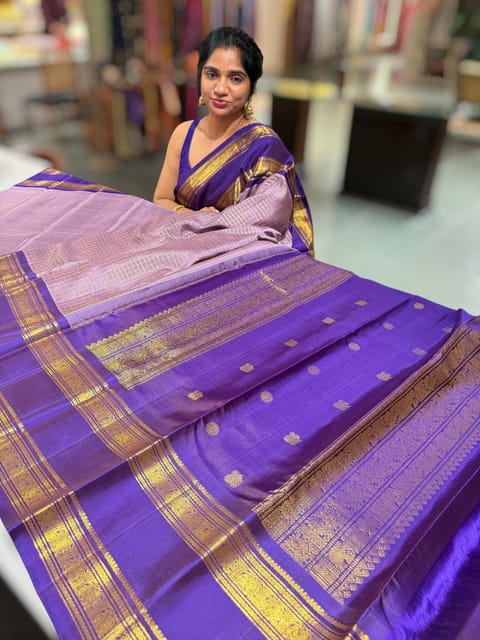 Mauve & Brinjal Combo Kanjeevaram Vintage Checks Saree with Gap Borders