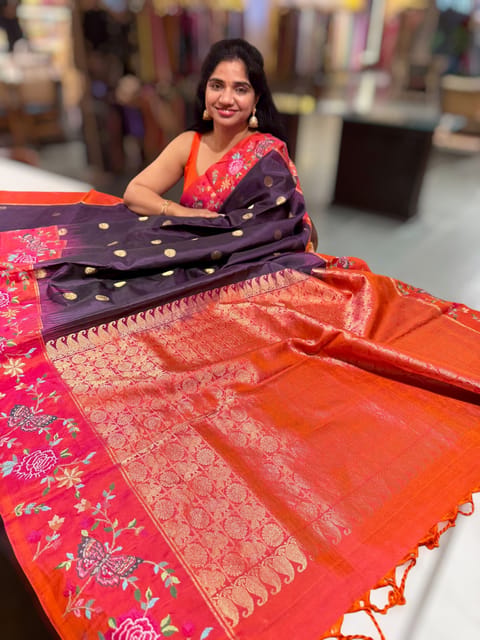 Wine Kanchi Soft Silk Saree with Petite Point Embroidered Border