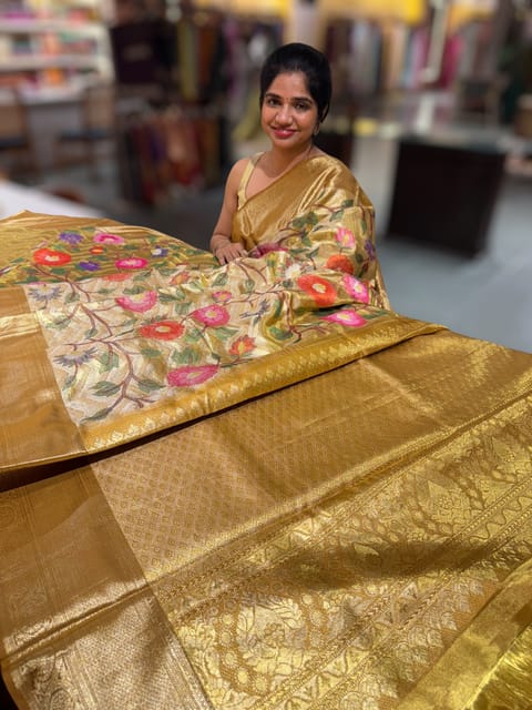 Molten Gold Kanjeevaram Tissue Saree with Allover Embroidery