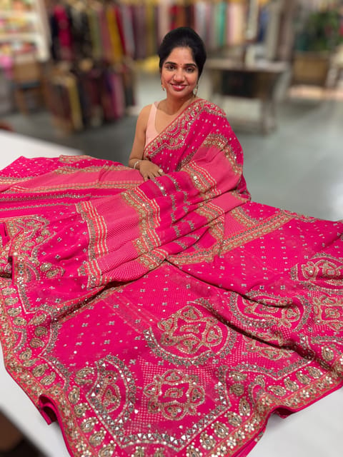 Pink Kareena Inspired Gorgette Saree with Allover Mirrors